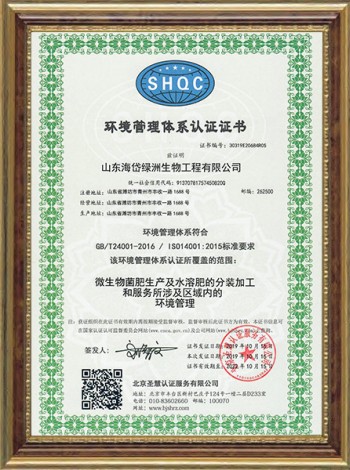 Environmental management system certificate